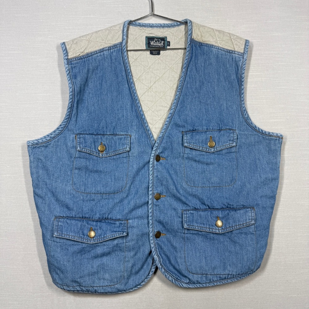 Vintage Woolrich Denim Jean Vest‎ Men L Blue Quilted Back Western Utility